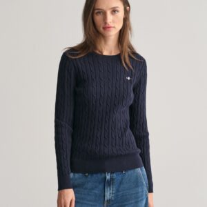 Stretch Cotton Cable Knit Crew Neck Sweater