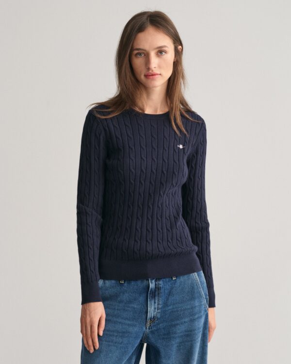 Stretch Cotton Cable Knit Crew Neck Sweater