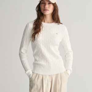 Stretch Cotton Cable Knit Crew Neck Sweater