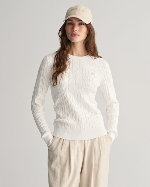 Stretch Cotton Cable Knit Crew Neck Sweater